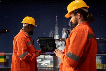 Drilling ship crew uses laptop to study geological maps for fossil fuel deposits. Offshore platform...