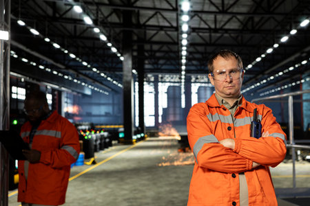 Portrait of technician oversees metal fabrication during production in workshop, highlighting heavy...