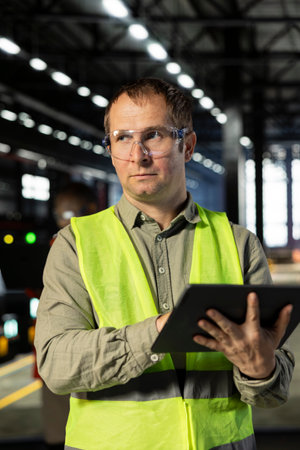 Professional worker managing welding activity with tablet and safety glasses in warehouse facility,...