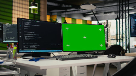 Green screen PC in empty startup office with programming language script running on monitors. Mockup...