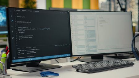 PC monitors on startup office desk showing artificial intelligence neural networks. Computers in...