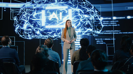 Female CEO presenter gives AI concept speech featuring ai assistant and automation, engages...