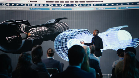 Male speaker hosting heavy industrial presentation with turbines and gear systems, mechanical...