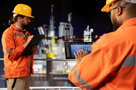 Drilling rig expert analyzing derrick performance on tablet dashboard screen. Offshore platform worker monitoring oil extraction rates and system pressure using device appの写真素材