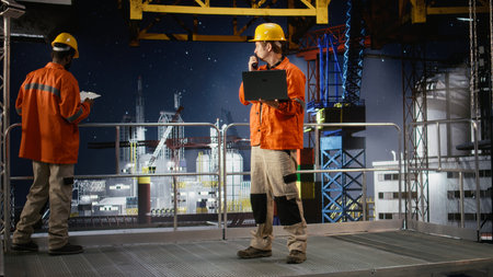Engineer on offshore drilling platform exchange insights on walkie talkie, coordinating fuel and natural petroleum extraction on oil rig. Efficient fossil fuels production.の写真素材