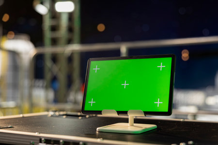 Isolated screen tablet on offshore platform used to analyze oil extraction during 24 hour operation. Chroma key device on drilling barge deck used for configuring vessel management systems, close upの写真素材