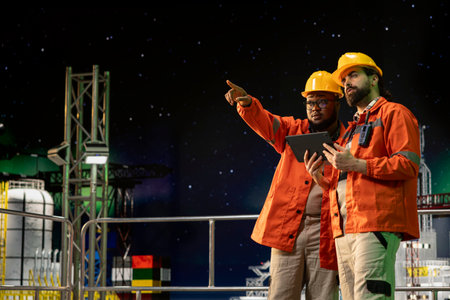 Drilling ship engineers using tablet to control subsea systems during night shift. Coworkers monitoring anomaly detection using device on offshore fossil fuel extraction platformの写真素材