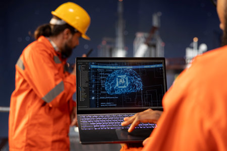 Close up of offshore platform technician using predictive AI models to forecast equipment maintenance needs. Specialist analyzing machine learning data on dashboard to prevent mechanical failuresの写真素材