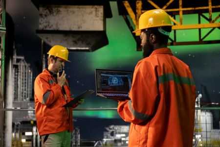 Engineer reviews artificial intelligence systems for offshore oil platform operations, managing fuel...
