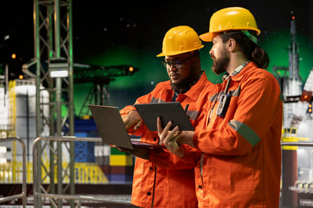 Offshore platform crew members using laptop to analyze extraction efficiency during aurora borealis. Engineers on drilling rig deck configuring vessel management systems under green arctic lightsの写真素材