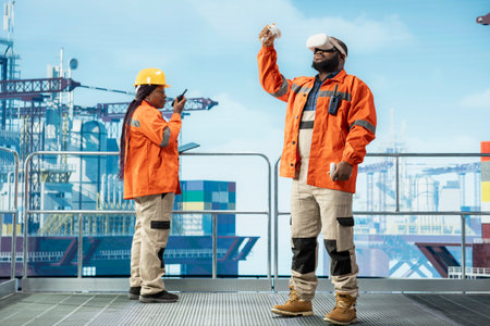 Technician using VR goggles gear to inspect integrity of offshore platform components. Man on drilling rig deck uses diagnostic tools and virtual reality tech to detect malfunction in subsea pipelinesの写真素材