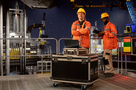 Professional rig worker on drilling platform inspecting emission systems under northern lights,...