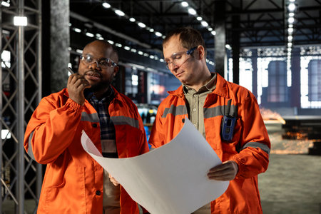 Engineers team coordinates labor in industry plant with automation plans, demonstrating engineering...