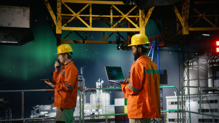 Environmental officer on maritime oil rig use AI technology under aurora borealis, machine learning software on laptop for natural gas and fuel management and extraction. Fossil fuels.の写真素材