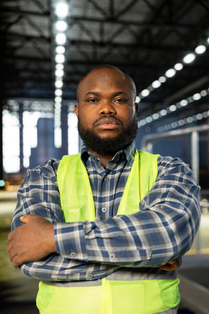 African american plant engineer standing near steel machinery during construction tasks, showcasing production responsibility and the power of fabrication. Hi vis vest for safety at work.の写真素材