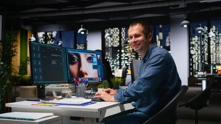 Media editor using AI program turning text prompt into photos, retouching technique. Graphic...