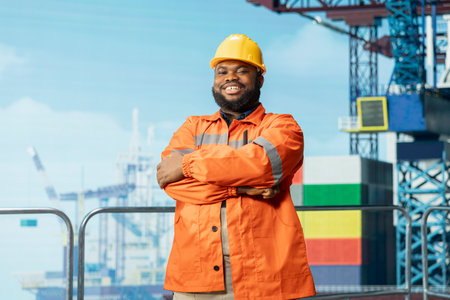 Portrait of cheerful offshore platform employee supervising deck operations, ensuring compliance...