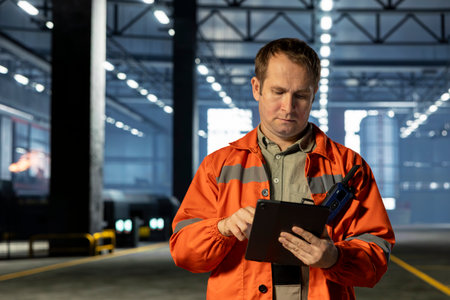 Industrial engineer supervising workshop fabrication equipment on tablet, emphasizing heavy industry...