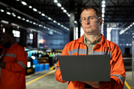 Warehouse employee checks construction tools near heavy metal equipment, managing industrial...