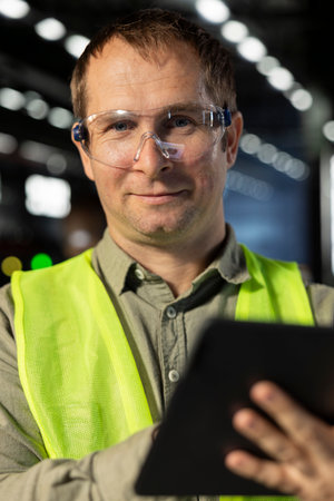 Supervisor inspecting steel equipment with tablet and safety glasses on the factory floor,...