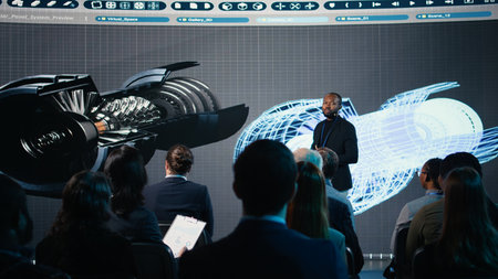 African american speaker does futuristic industrial presentation with a turbine, panel discussion about heavy industry manufacturing. Professional speaker talks to investors attendees.の写真素材