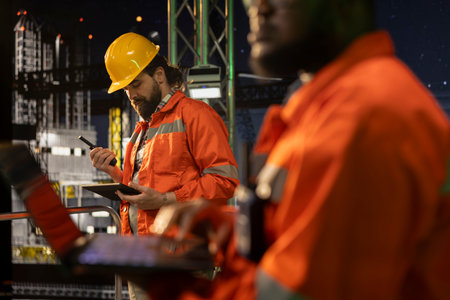 Close up of environmental officer on offshore fossil fuel extraction platform tracking carbon footprint. Drilling rig professional ensuring sustainable practices using notebook during night shiftの写真素材