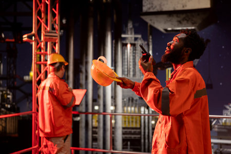 African american engineer exchanges insights on walkie talkie from drilling platform, coordinating...