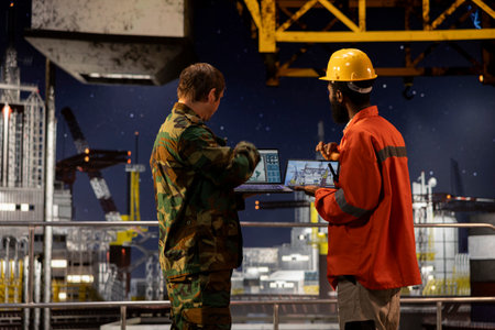 Security officer in camouflage uniform monitors offshore drilling operation with engineer, using...