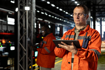 Professional employee in a warehouse uses tablet gear to guide operator teams through assembly...