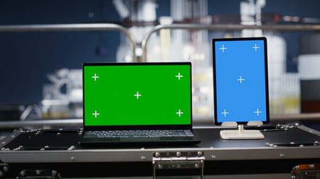 Green and blue screen on devices support offshore drilling rig calibration and logistics through...