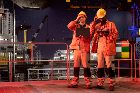 Multiethnic team of engineers performing digital inspection of oil rig platform, monitoring...