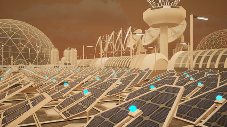 Close up of solar panels generating renewable energy for humans to be able to live on alien planet....