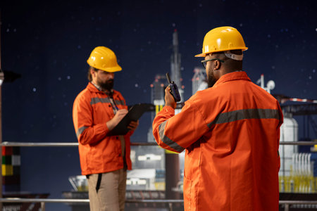 Drilling rig crew members using walkie talkie to coordinate emergency response procedures. Offshore sea platform coworkers collaborating, communicating during night shiftの写真素材