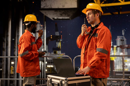 Professional environmental officer communicating via radio device on offshore platform, emission tracking to manage petroleum and natural gas extraction from marine environment.の写真素材