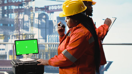 Isolated screen tablet used by drilling rig expert to monitor systems, talking in handheld radio....