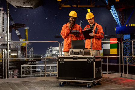 Industrial workers communicating via radio devices performing inspection and monitoring duties on offshore platform rig, supporting gasoline and oil production within the industry.の写真素材