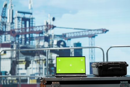 Chroma key laptop on offshore platform deck used to configure boat management systems for more...