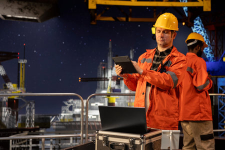 Industrial skilled worker on offshore drilling rig evaluates data for petroleum extraction, technology used to manage efficient fossil fuels and gas production from the ocean environment.の写真素材