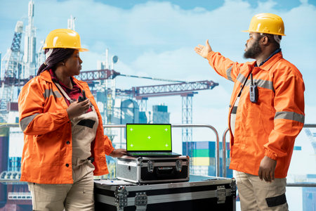 Green screen mockup laptop used by offshore platform workers to track emissions, protecting...