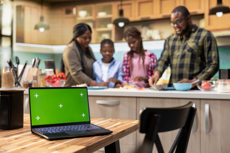 Chroma key on laptop next to black parents and kids making homemade pizza at the kitchen counter. Spreading sauce, layering mozzarella and sharing laughter. Cozy lifestyle full of joy.の写真素材