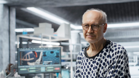 Portrait of senior patient sitting in the research laboratory for clinical trial, waiting for vitals examination and consultation. Older man kept under observation as a RD strategy. Camera B.の写真素材
