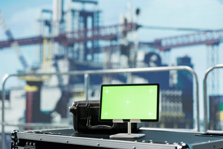 Green screen mockup tablet on offshore platform deck used to monitor gear performance in real time....