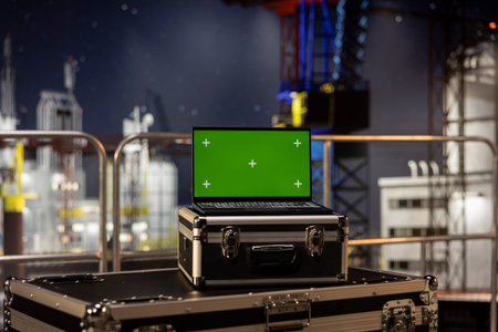 Green screen laptop on empty oil platform above ocean water where engineers monitoring fuel...