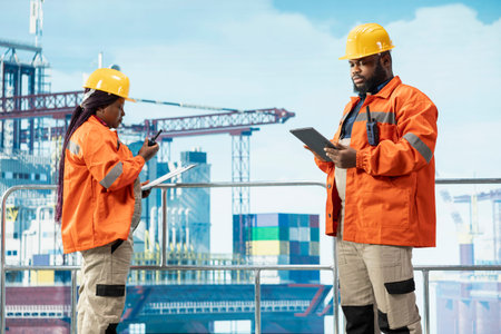 Drilling rig technicians tracking oil production efficiency, doing maintenance tasks. Offshore...