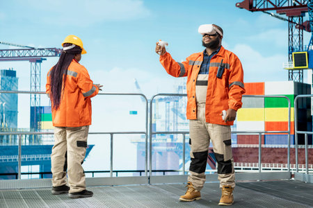 Drilling rig technicians tracking oil production efficiency with VR headset gear, doing maintenance tasks. Offshore installation manager uses virtual reality tech to check equipment sensor readingsの写真素材