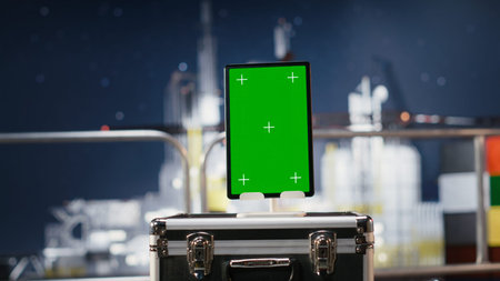 Vertical green screen tablet on empty oil rig connected to a dashboard, monitoring calibration,...