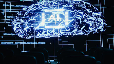 Empty conference hall for Artificial intelligence meeting focused on investment strategy, machine learning development and AI-enhanced software. Prepared for audience in auditorium.の写真素材