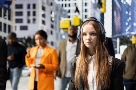 Portrait of gen z girl hipster at a red light waiting with big headset, scholar going to college and walking the streets in a metropolitan busy area downtown. Realistic everyday commute.の写真素材