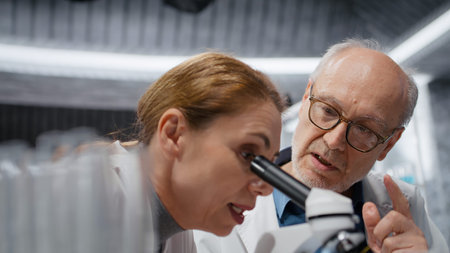 Researcher teaching intern how to analyze genetic samples with high tech microscopic equipment in laboratory. Elderly scientist mentoring young woman to use examine tissue in research clinic, camera Bの写真素材