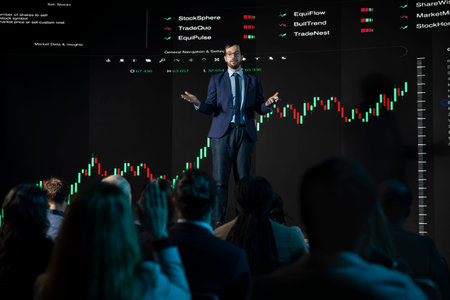 Male trading professional explains stock exchange performance and profit trends, business presentation showing profit fluctuations on digital screen. Public speaker discusses market share.の写真素材